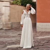 vintage chiffon wedding dresses puff sleeves floor length summer formal bridal gown for bride exquisite applique corset a line