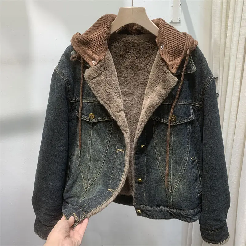 Винтажная женская зимняя теплая джинсовая куртка с флисовой подкладкой