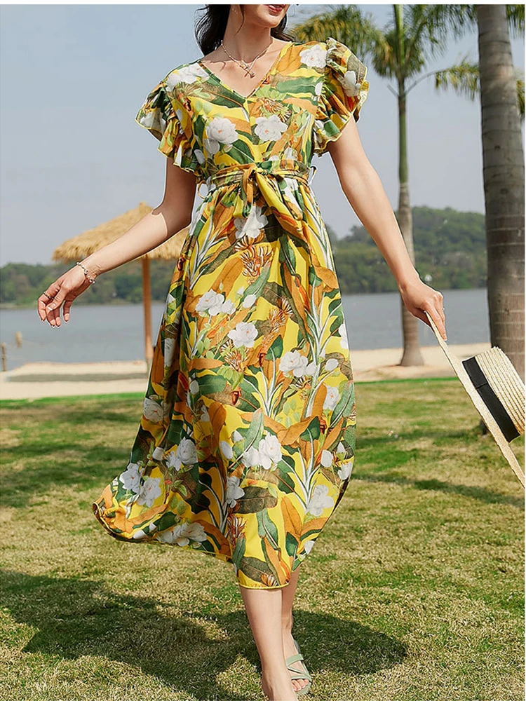 

2022 Summer Collection Boho Vacation Allover Floral Print V-Neck Puff Sleeve Self Belt A Line Midi Dress