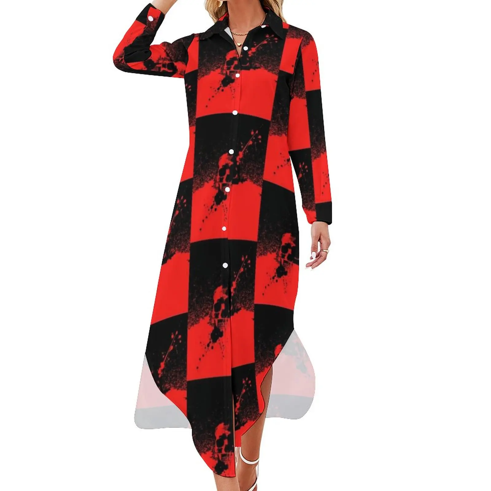 

Two Tone Macabre Casual Dress Gothic Black And Red Stylish Dresses Long Sleeve Vintage Ladies V Neck Oversize Chiffon Dress