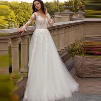 tixlear 2022 deep v neck fashion lace wedding dress long sleeves for bride a line wedding gown lace up pleat tulle robe