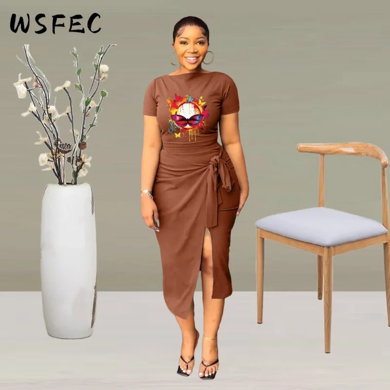 

WSFEC S-2XL юбка, костюмы, женская одежда, комплекты из двух предметов, модные летние с коротким рукавом и разрезом, бандажные повседневные сексуальные подходящие комплекты, наряд