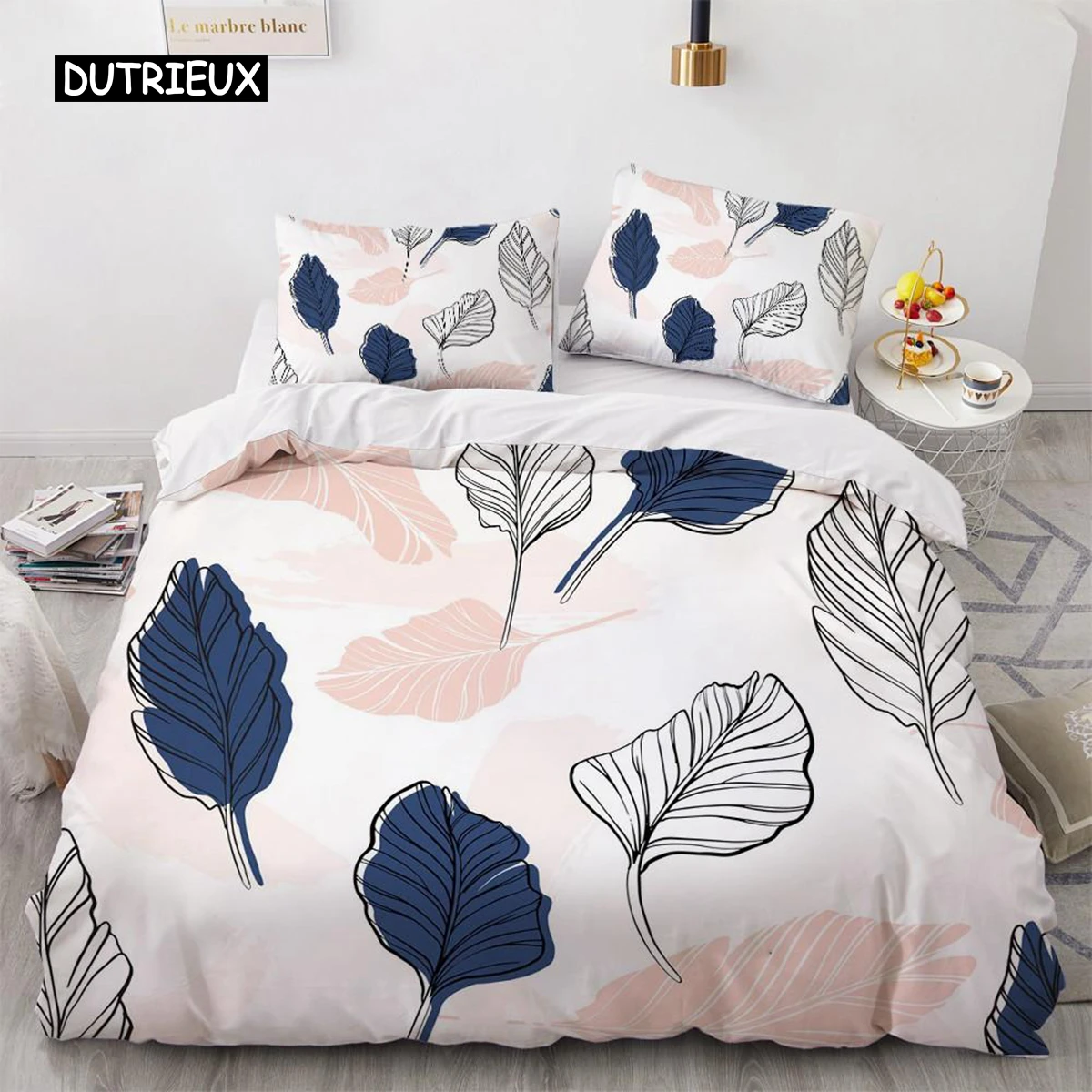 Plant Duvet Cover Set King Size Navy Blue Pink Leaf Printed Chic Bedding Soft for All Seasons Polyester Quilt
