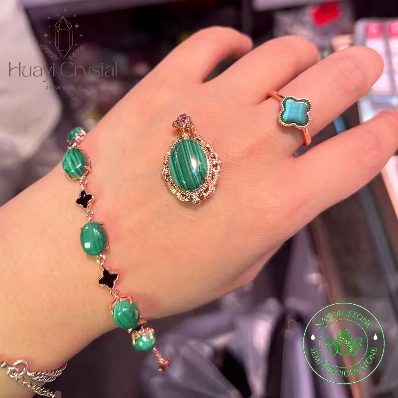 

Natural Malachite Egg Face Pendant Lucky Grass Bracelet Ring Jewellery Set of Brass Gold Plated Ladies' Fashion Jewellery