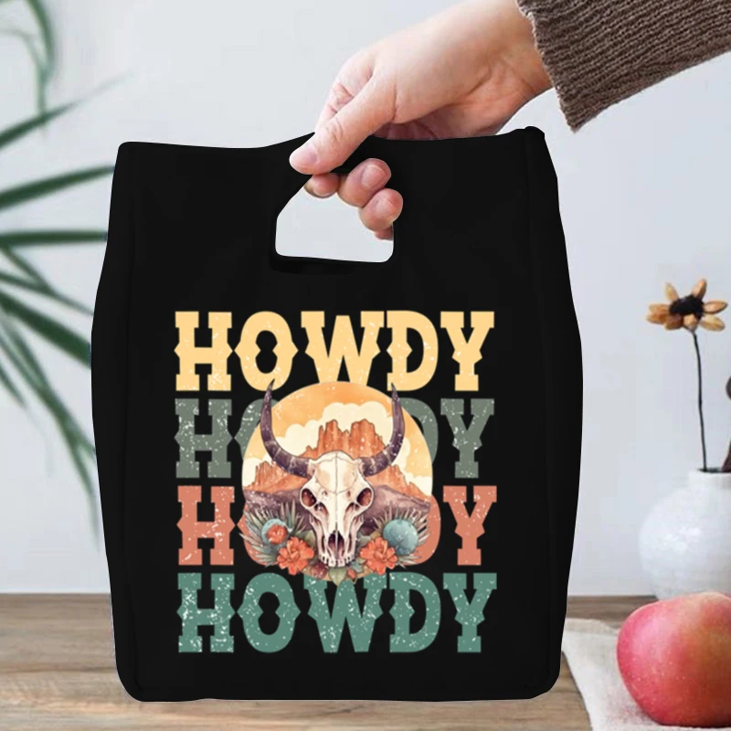 

Canvas Lunch Bag Harajuku Howdy West Ox Print Lunch Thermal Bags Women Men Handbag Dinner Cloth Pouch Lunch Bags for Kids