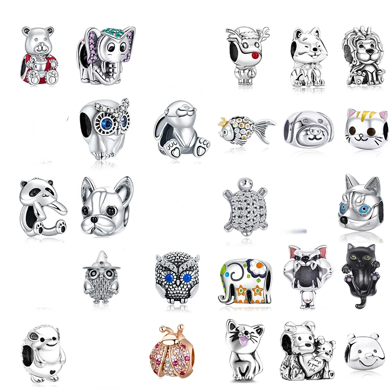 Abalorios de plata de ley 925 con diseño de animales, cuentas de circonia, perro, gato, elefante, búho, compatible con pulsera Pandora Original, joyería DIY