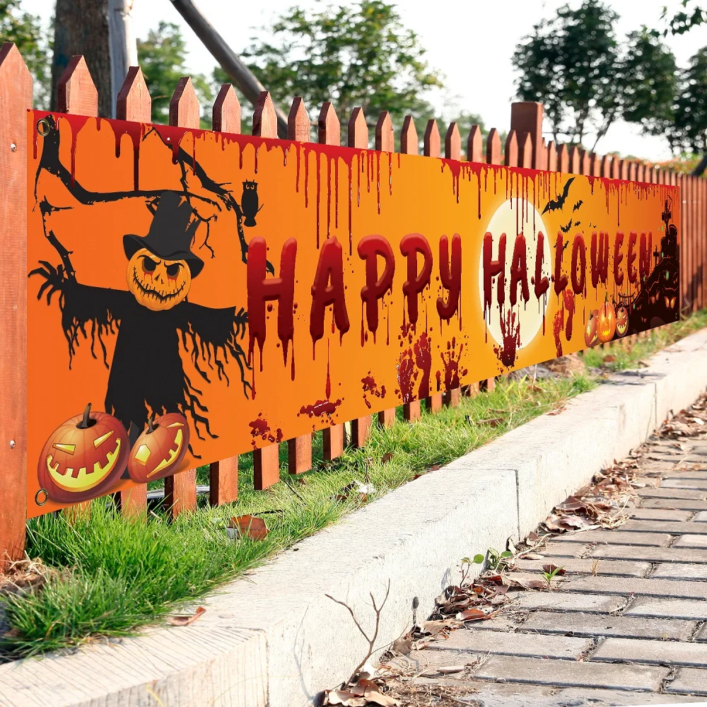 

New Halloween Banner Bloody Bat Pumpkin Ghost Print Hanging Flag 250x48cm Outdoor Home Party Backdrop Decoration