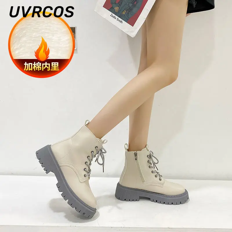 Thick-soled Single Boots Short Women British Style Fleece Fashion Lace-up Solid Color Low-heeled Short-tube New