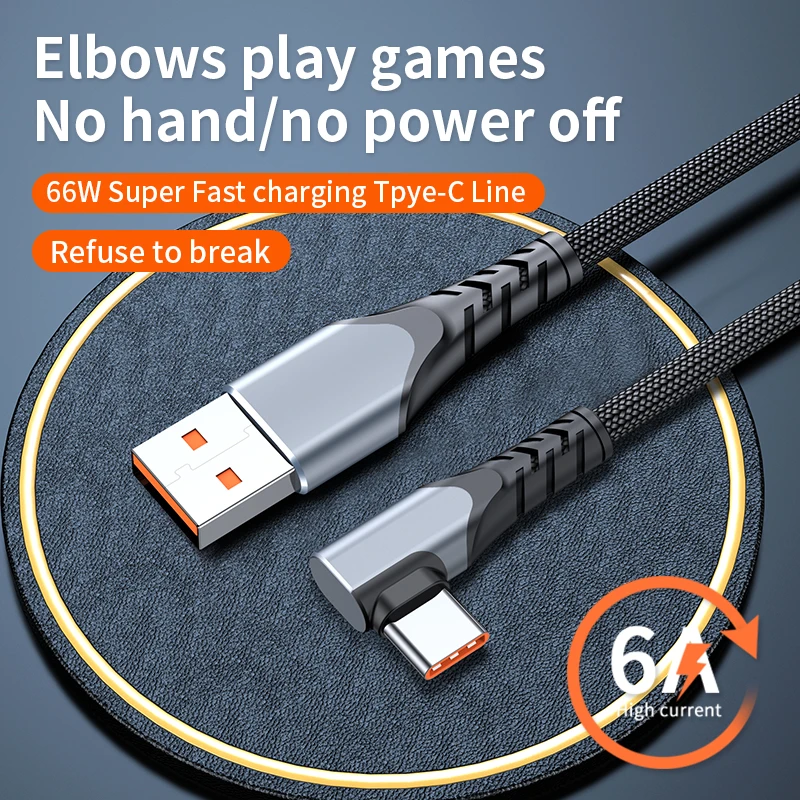 

Nylon Braid 6A USB Type C Cable Elbow 90° 66W Fast Charging USB-C Charger Data Cord For Huawei Xiaomi Samsung 0.5m/1m/2m/3m