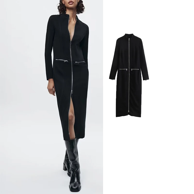 

Платье женское длинное на молнии с длинным рукавом и круглым вырезом