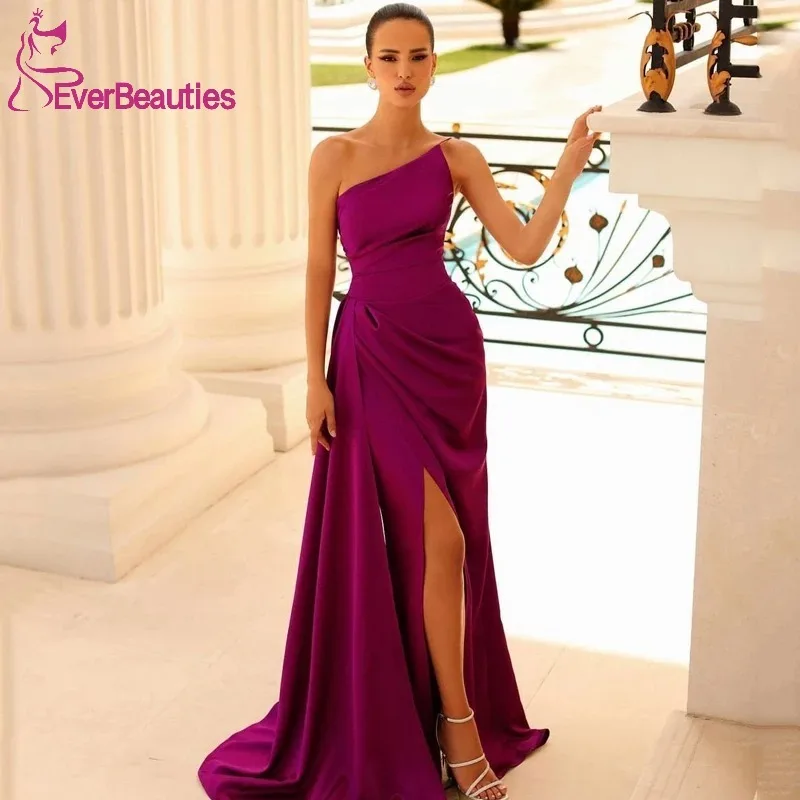 

Sexy Prom Evening Dresses One Shoulder Floor Length Party Dress Simple High Split Cocktail Gowns Saudi Arabia Dubai