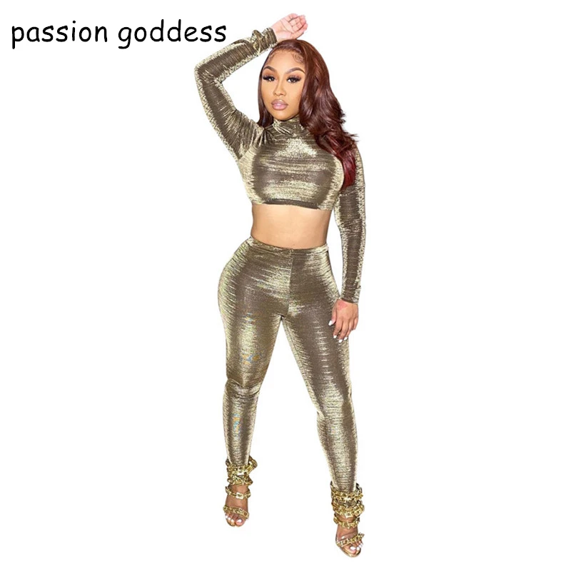 

Fashion 2022 Solid Bling 2 Piece Set Women Outfits Sexy Long Sleeve Turtleneck Crop Top and Skinny Pencil Pants Mathing Set Suit