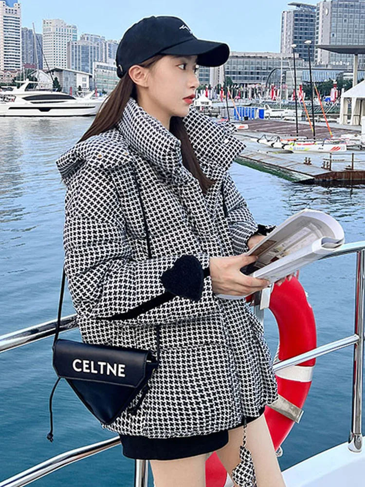 

FMFSSOM Winter Women Jacket 90% White Duck Down Coat Jacket Fashion Zipper Hooded Houndstooth Long Sleeve Coat Outwear