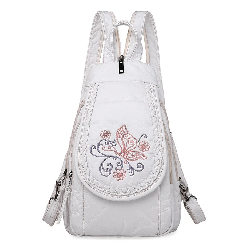 

2023Youthful Trend Fashion Simple Chic Embroidery Inlay Multi-function Chest Bag Washed PU Soft Leather Backpack Korean Style