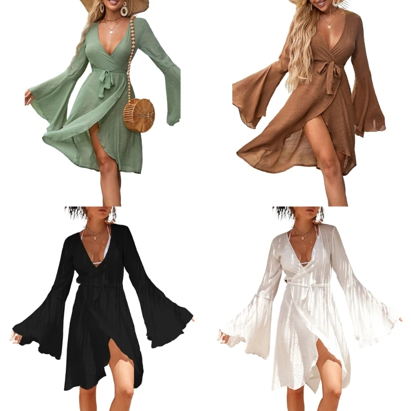 

Y1QE Womens Bikinis Cover Up Ladies Open Front Kimono Cardigan Solid Bathing Suit Cover Up Dress-Bell Sleeves Beach-Cover Up