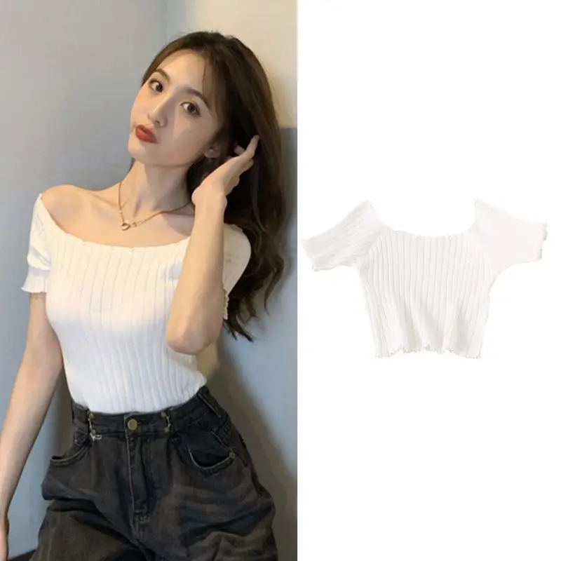 

Women Summer Sexy Off Shoulder Crop Top Ribbed Knitted Ruffles Trim Short Sleeve T-Shirt Solid Candy Color Slim Clubwear