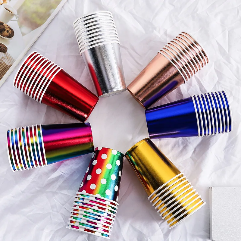 

New Hot Stamping Hot Silver Paper Cup Disposable Birthday Party Supplies 9oz Paper Cup Wholesale 10 Set S1200