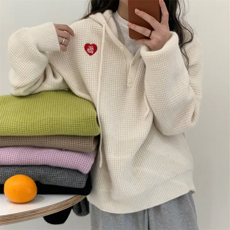 

Корейский Повседневный стиль вышитая вязаная рубашка с осенью и зимой новый пуловер с капюшоном для женщин