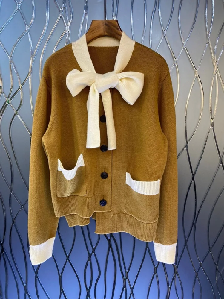 

High Quality Wool Knitted Cardigans 2022 Autumn Winter Tops Coat Women Bow Collar Pocket Patchwork Long Sleeve Khaki Black Coat