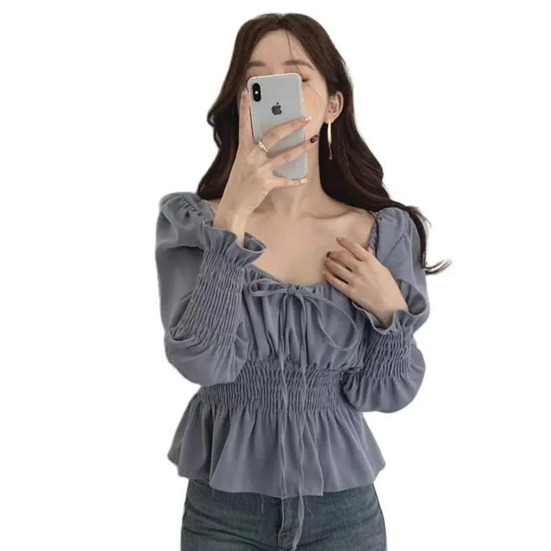 

French Retro Square-Neck Puff-Sleeved Top With Waist And Long-Sleeved Temperament Collarbone Gentle Wind Blue Shirt Women