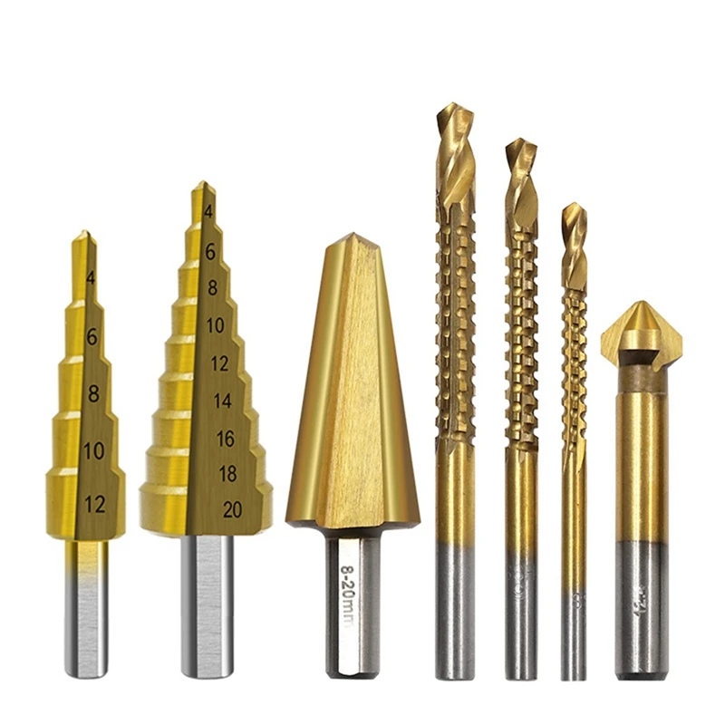 

7Pcs Reaming Drill Bit Set Triangular Handle Titanium-Plated Step Drill Umbrella Drill Round Handle Pull Slot Saw Drill