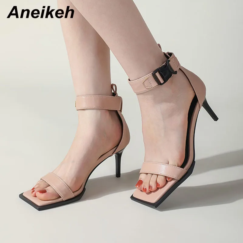 

Aneikeh 2022 Summer Fashion Design Cover Heel Ankle Buckle Strap Gladiator Women Party Shoes Sexy Square Open Toe Solid Sandals