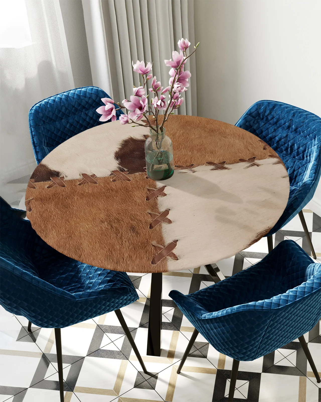 

Vintage Patchwork Texture Round Tablecloth Waterproof Table Cover Home Decoration Dining Room Elastic Tablecloth