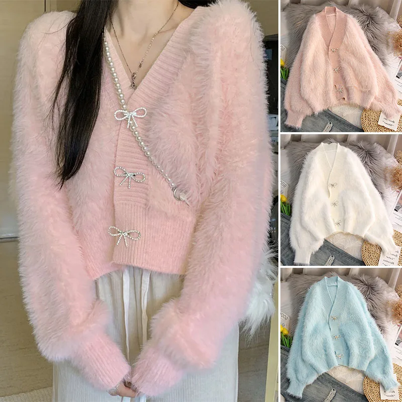 

Autumn/Winter Solid Color Imitation Mink Fleece Sweater Coat 2023 New Spliced Loose V-neck Small Bow Design Knitted Cardigan