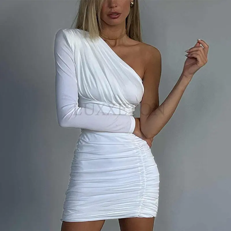 

Sexy One Shoulder Long Sleeve Evening Party Dresses Women Autumn Fashion Ribbed Slim Bodycon Midi Dress Female White Black