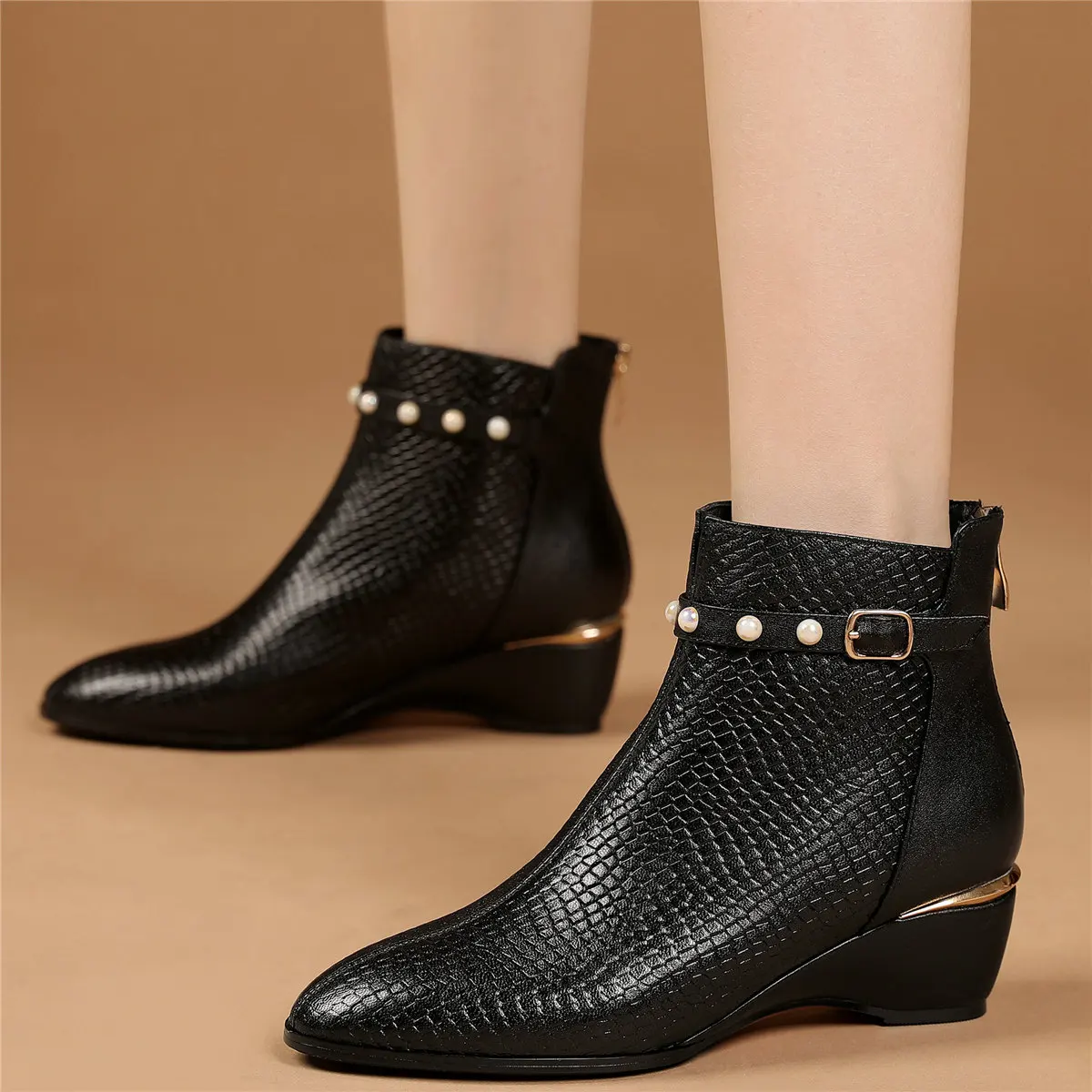 Winter Pumps Shoes Women Genuine Leather Wedges High Heel Ankle Boots Female High Top Square Toe Fashion Sneakers Casual Shoes