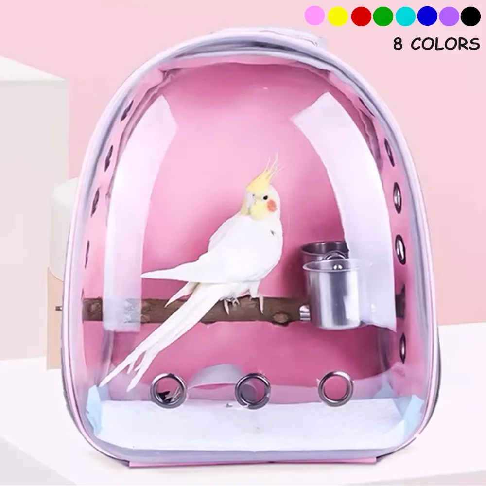 

Portable Bird Cage Parrot Carrier Backpack Travel Bag with Prech and Feeder Acrylic Transparent 360° Sightseeing Pet Accessories