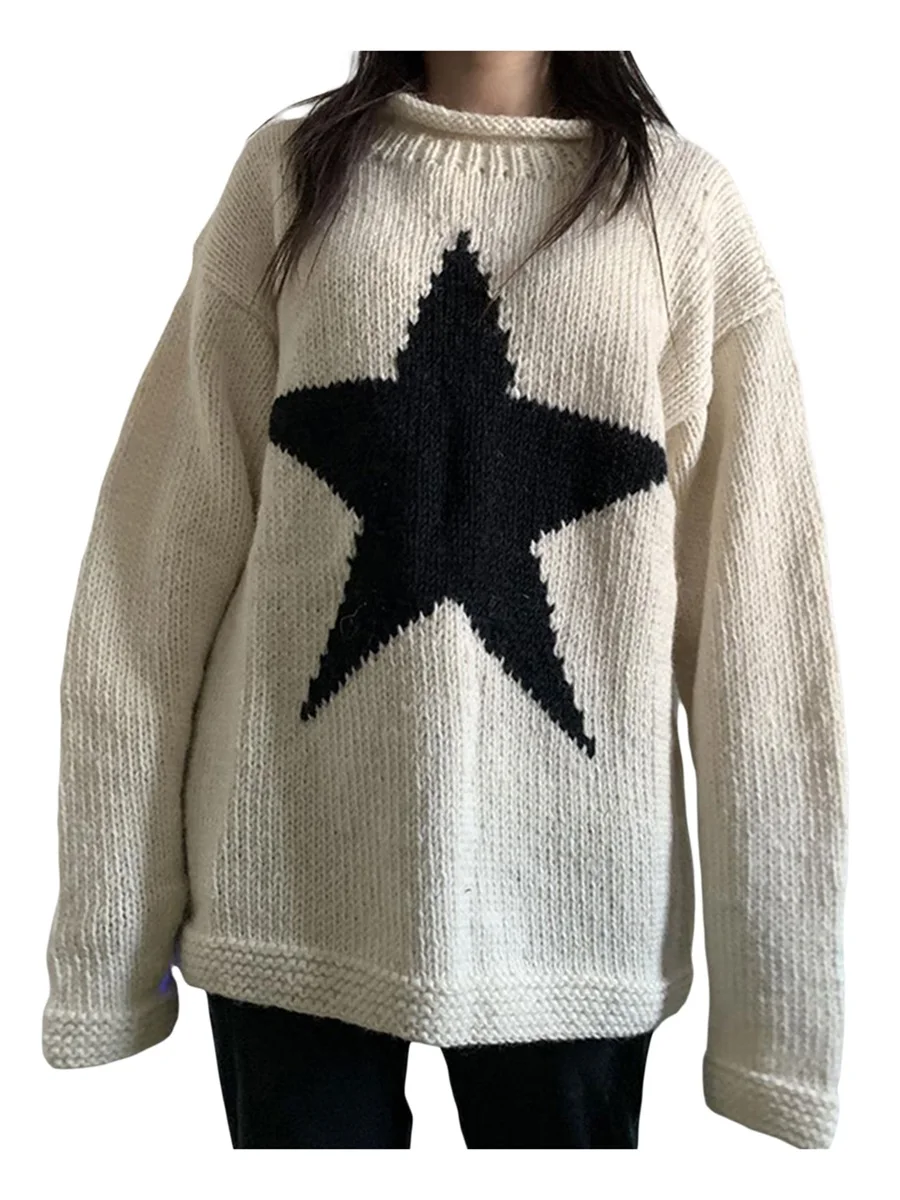 

Women Long Sleeve Loose Fairy Grunge Sweater Star Print Knit Pullover Top