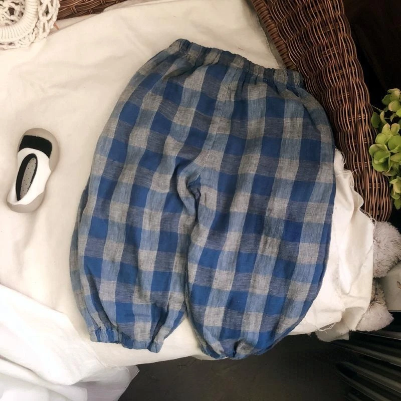 

Baby Unisex Kids Pants Korean Fashion Loose Blue and White Two-color Plaid Casual Sports Pants Cropped Length Mosquito Pants