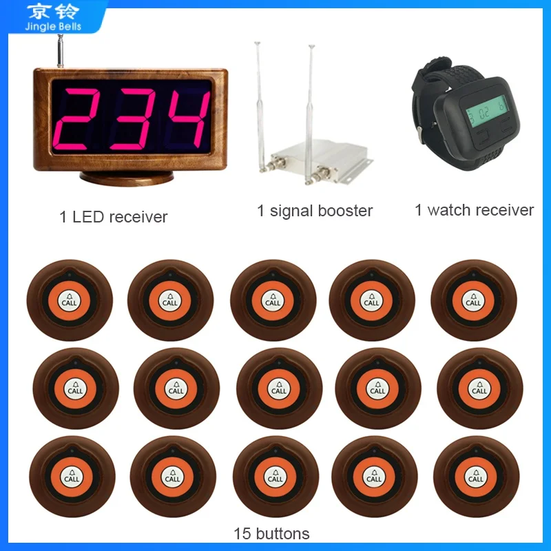 

Jingle Bells Restaurant Pager Cafe Bar Hotel Wireless Calling System Service Call Bell 15 Button Display Watch Receiver Set