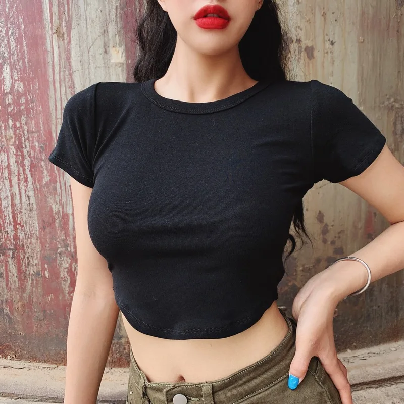 

A Summer new tops short navel slim fit slim solid color short-sleeved T-shirt women's slim vest