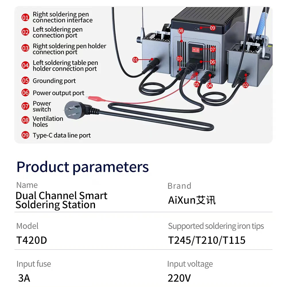 Двухканальная Интеллектуальная паяльная станция JCID Aixun T420D с ручкой C245 210 115
