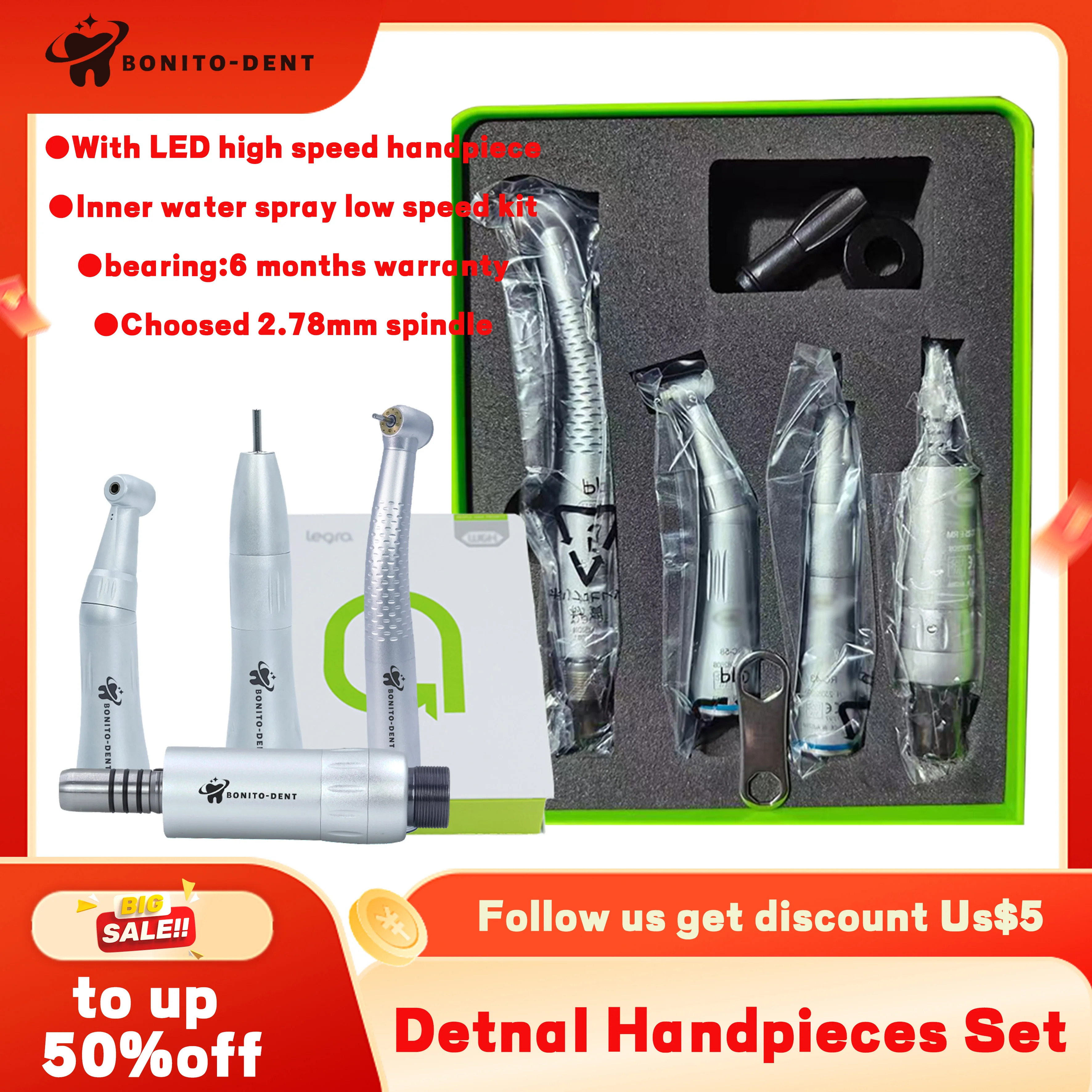 Стоматологический 5-светодиодный наконечник высокоскоростной и низкоскоростной