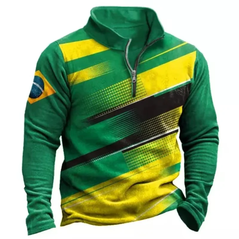 

Brazil Flag 3D Printing Long Sleeve POLO Shirt Men's Zipper Sweatshirt Pullover Green Half Zipper Graphic Printing POLO Shirt