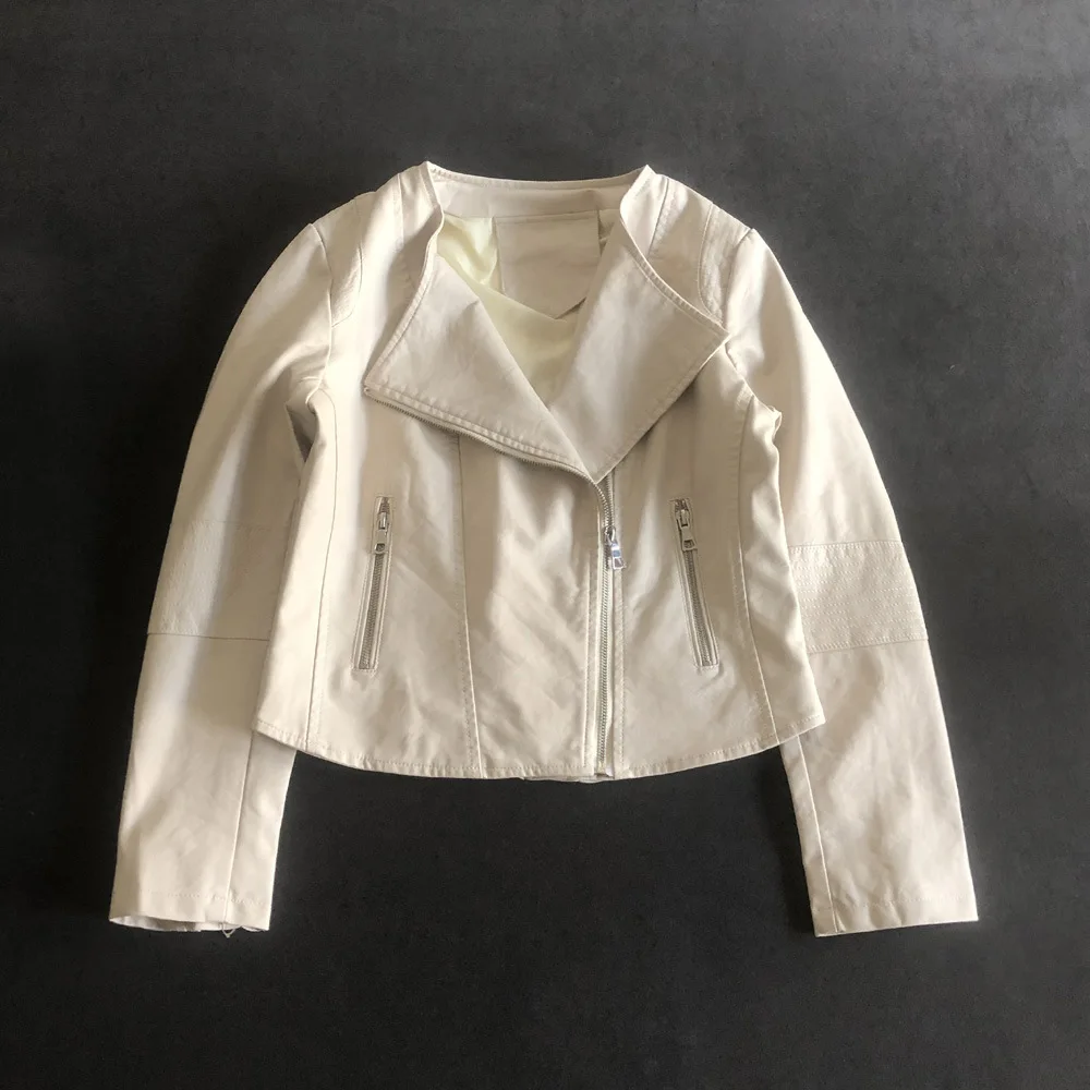 2023 autumn new collarless motorcycle suit short slim small leather simple leisure coat