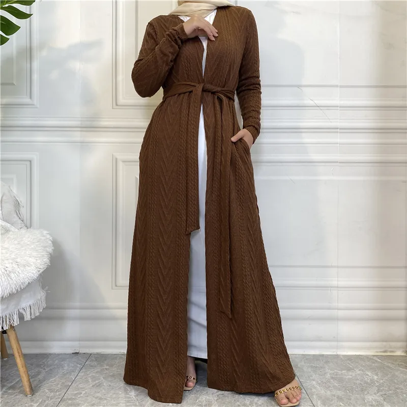 Autumn and Winter Knitting Muslim Cardigan with Pocket Long Coat Fashion Abaya Muslim Coat Jalabiya for Women Turkish Tunic
