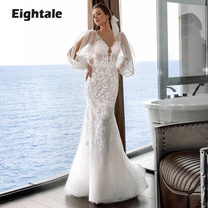 

Eightale Vintage Mermaid Wedding Dresses Lace Appliques Scoop Long Puffy Sleeves Bride Dress Tulle Wedding Gown Vestido De Noiva