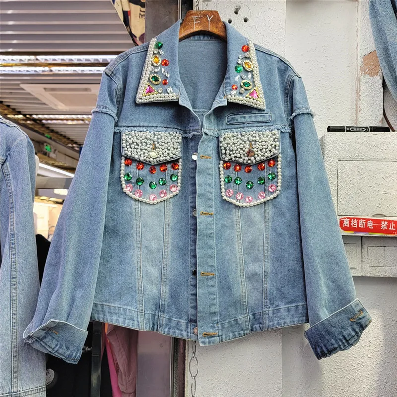 

Heavy Work Pearl Beaded Diamonds Blue Short Cowboy Coat Spring Frayed Burrs Stitching Jeans Jacket Casual Loose Chaqueta Mujer