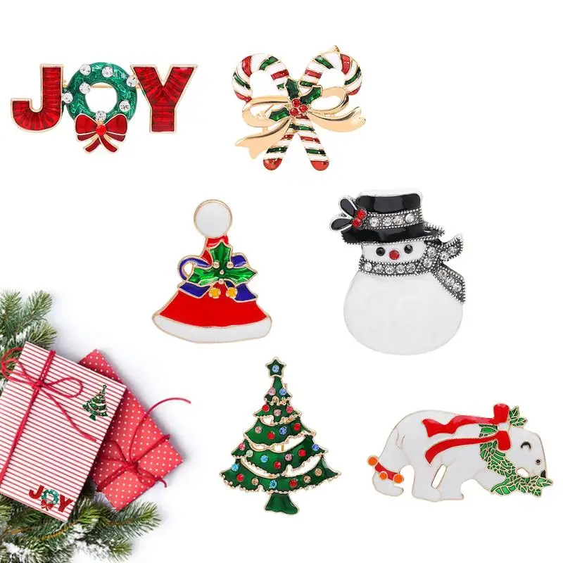 

Multi-Color Rhinestone Christmas Brooch Durable And Lightweight Merry Christmas Brooch Pins 6-Pieces Exquisite Christmas