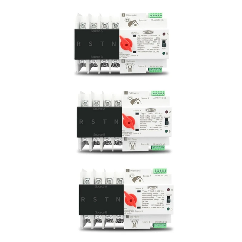 

3X Din Rail 4P ATS Dual Power Automatic Transfer Switch Electrical Selector Switches Uninterrupted Power 100A