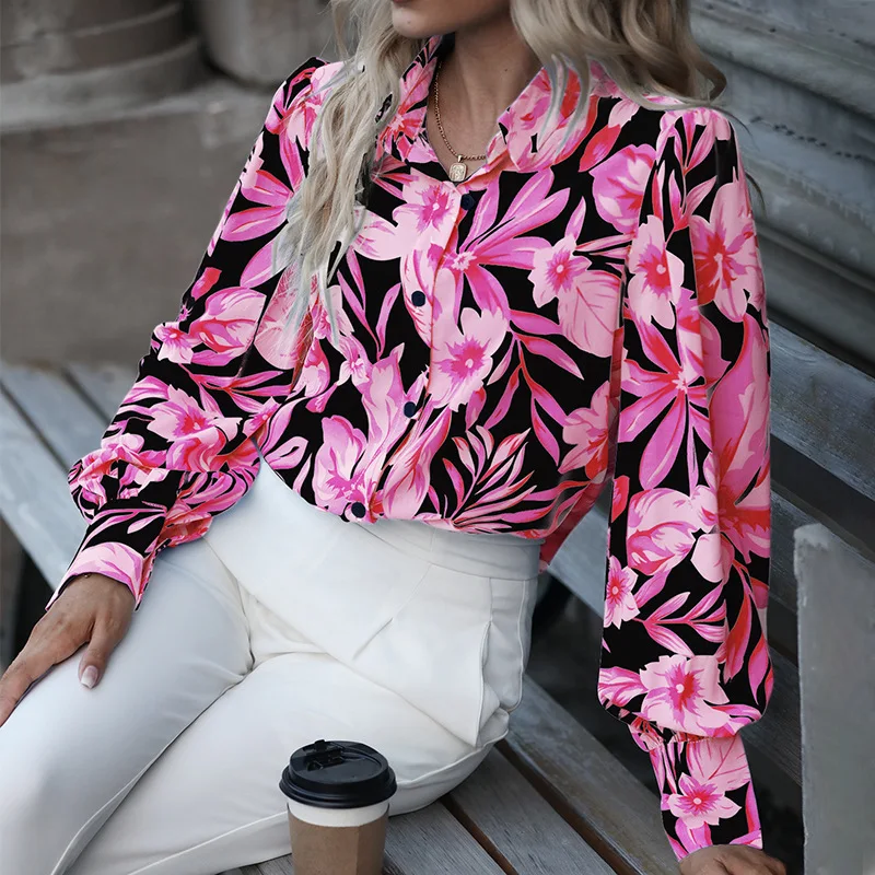 

Trade Women's Clothing Amazon European And American Autumn New Lapel Shirt Single Breasted Printed Long Sleeved Cardigan Shirt