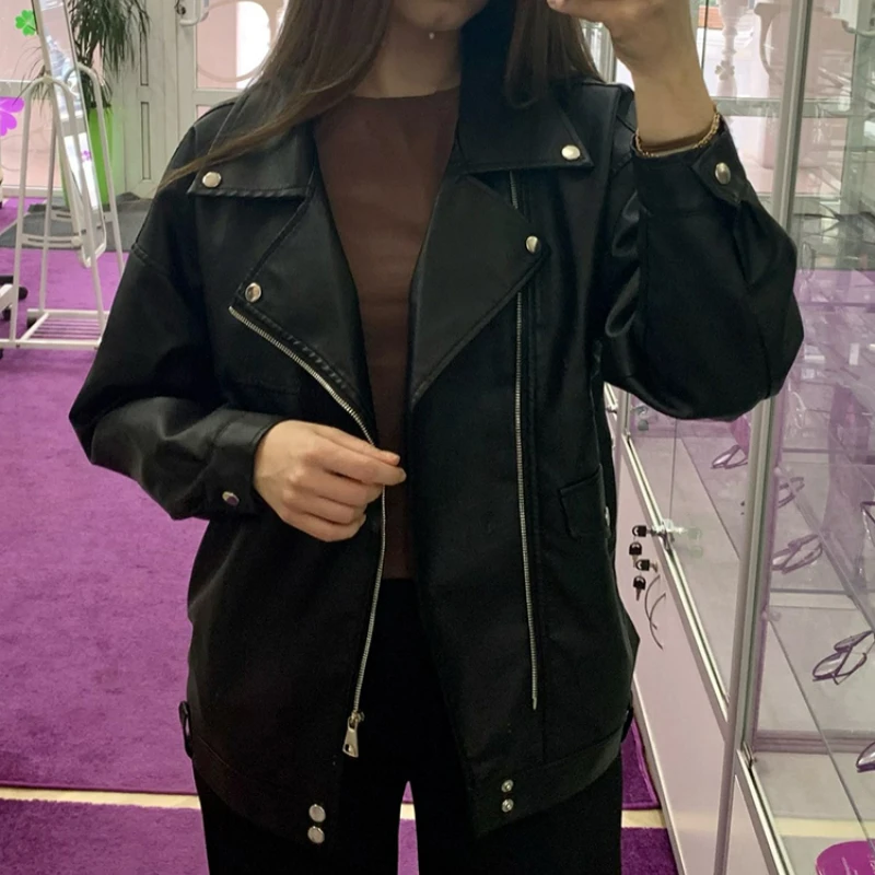 Faux Leather Jacket Women Casual PU Loose Motorcycle Jackets Female Streetwear Oversized Coat Korean Chic New Spring