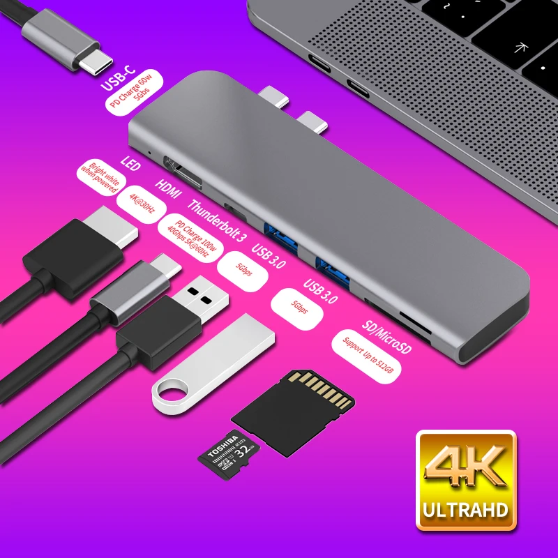 

USB 3.0 Type-C Hub к HDMI адаптеру 4K Thunderbolt 3 USB C Hub с Hub 3,1 TF SD Reader слот PD для MacBook Pro/Air 3,0-2018