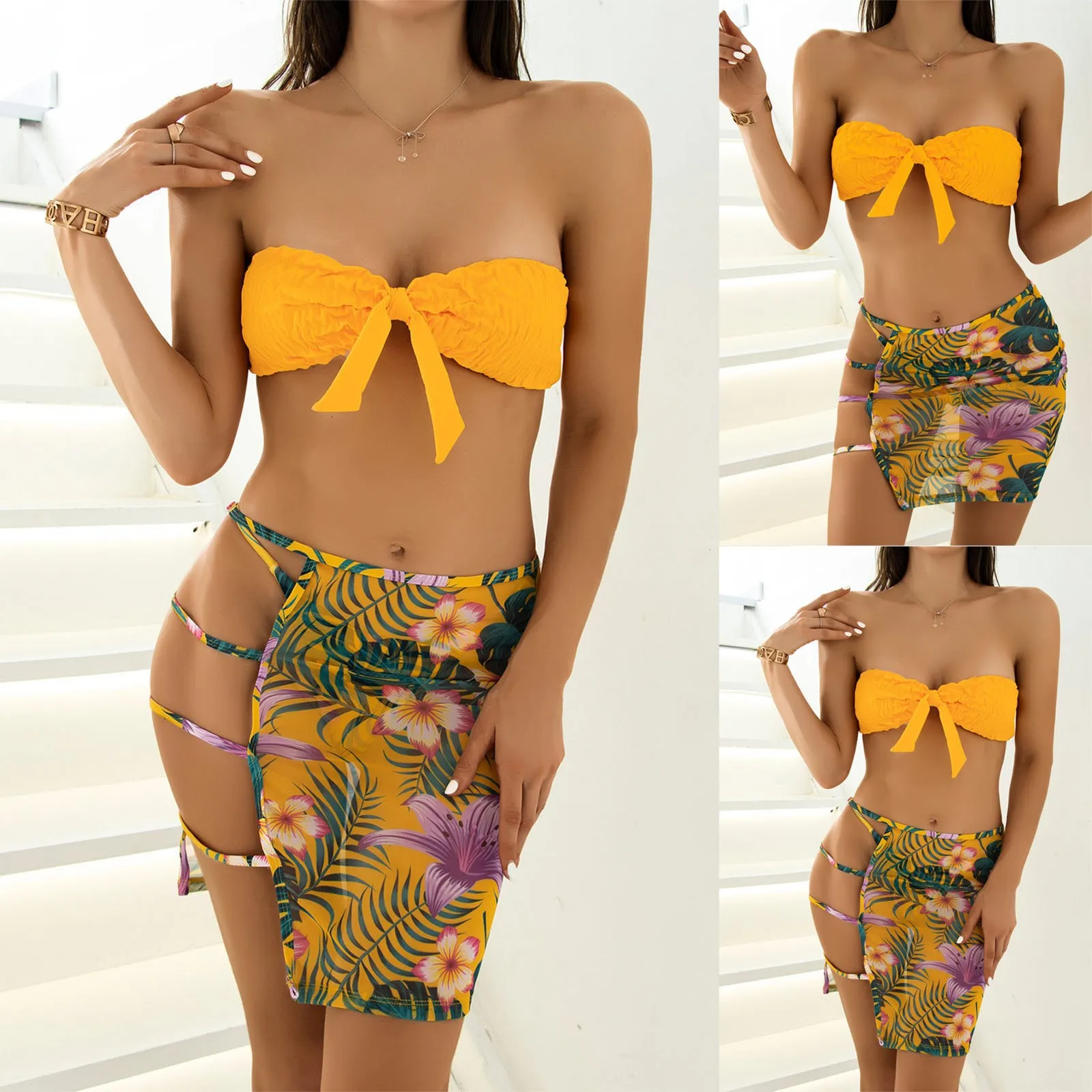 

Women's Push-up the cups Bikini Set Bralette Sexy Print Backless Split Three-piece Bikini Swimsuit Bandeau Bandage Bikini Set