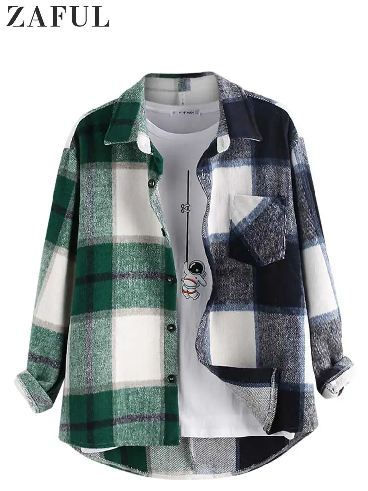 

ZAFUL Men's Shirts Wool Blend Shacket Long Sleeve Plaid Overshirt with Pocket Fall Winter Flannel Shirt Jacket Streetwear Blouse