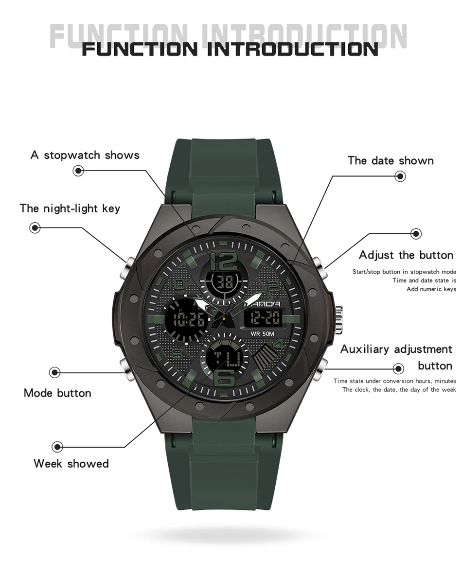 SANDA Sky Blue Watch for Women Analog-Digital Unisex Wristwatch 2023 Fashion Resin Bandwatch Men Watch Luminous Stop Watch 6062